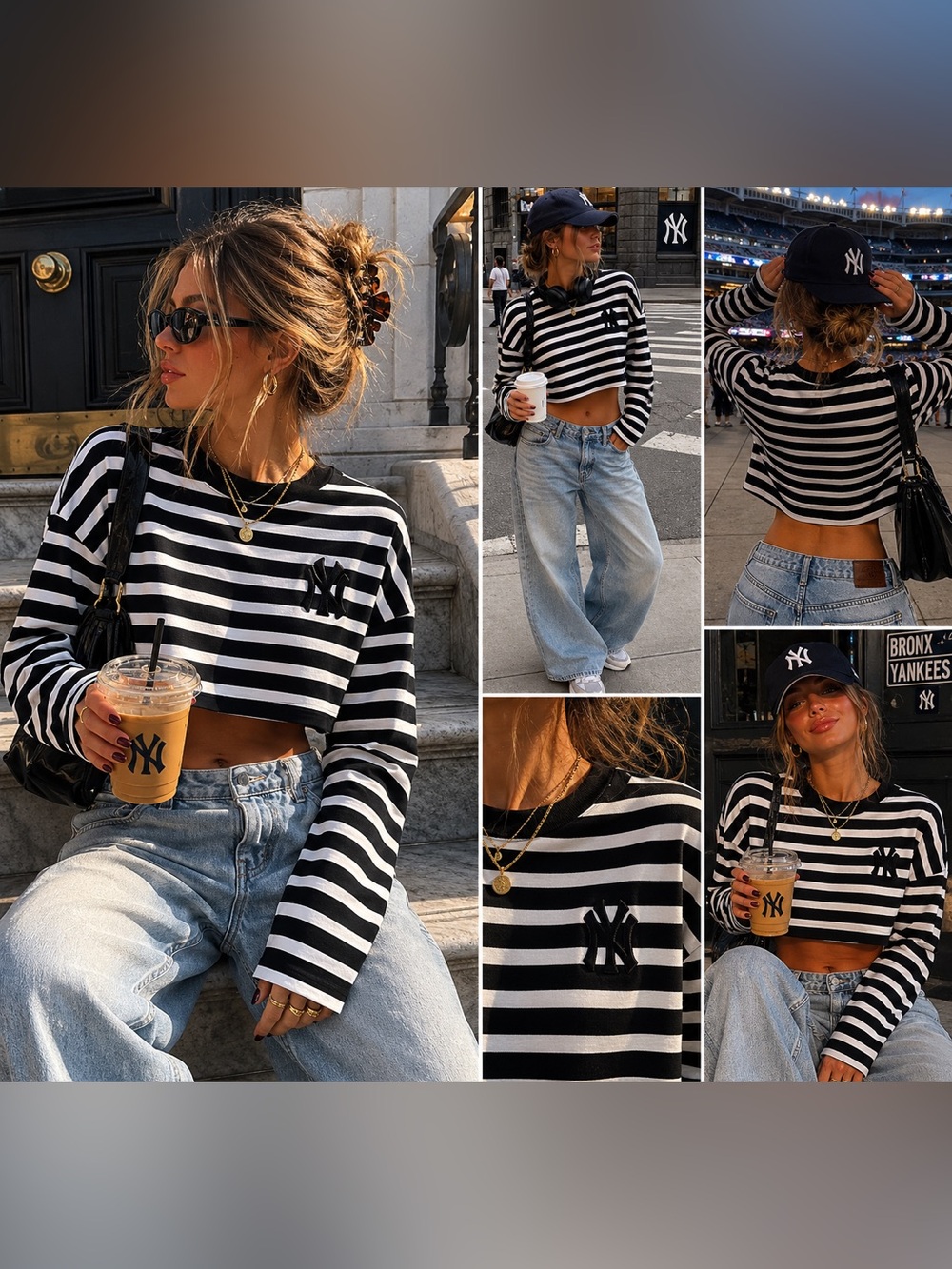 RARE Genuine MLB NY Yankees Black and White Cropped Striped Long Sleeve Tee